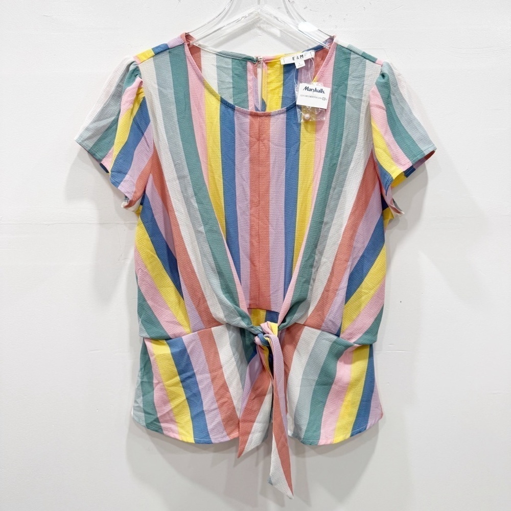 E & M Rainbow Stripe Knit Front Top Short Sleeve Lightweight Large